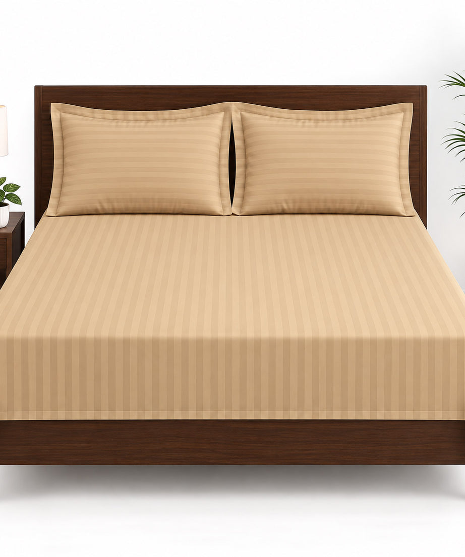 Beige Satin Striped Double Bedsheet