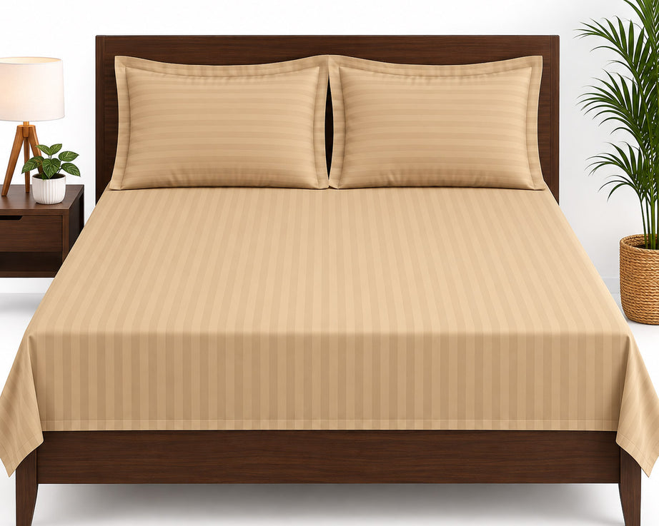 Beige Satin Striped Double Bedsheet