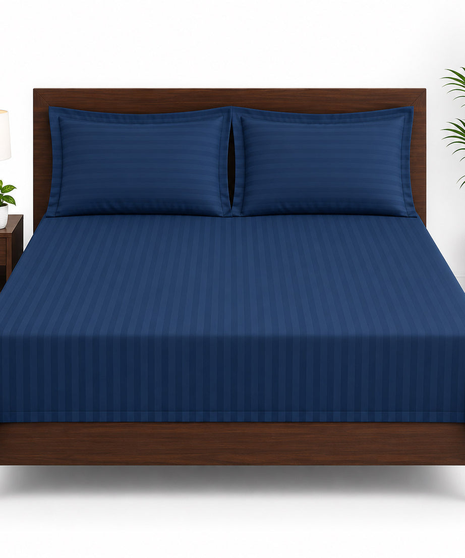 Navy Blue Satin Striped Double Bedsheet