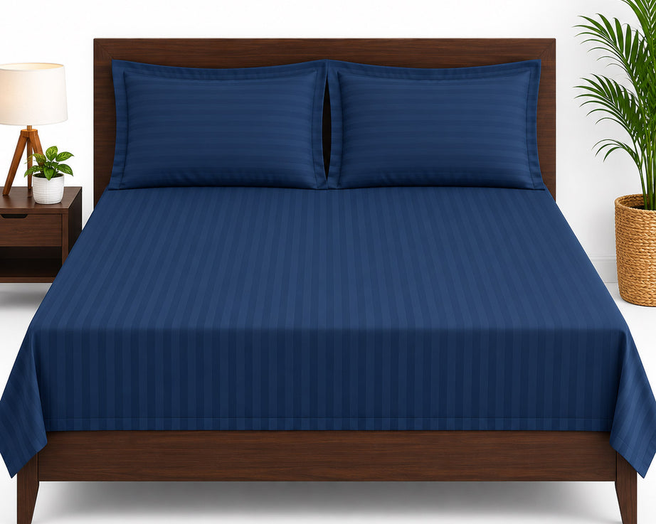 Navy Blue Satin Striped Double Bedsheet