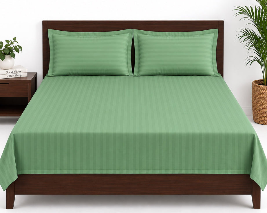 Sage Green Satin Striped Double Bedsheet