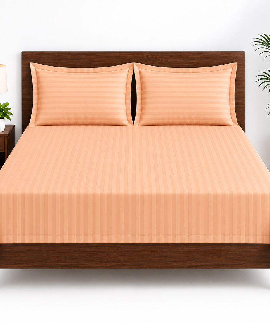 Plain Satin Striped Bedsheet – Peach – Premium 210 TC