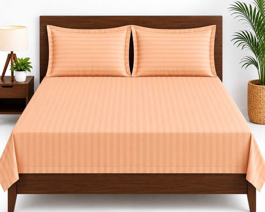 Plain Satin Striped Bedsheet – Peach – Premium 210 TC