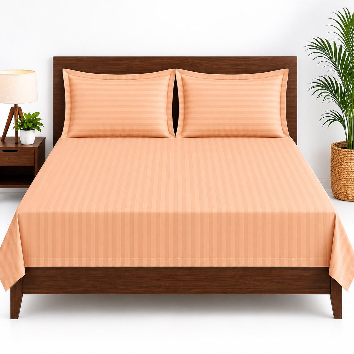 Plain Satin Striped Bedsheet – Peach – Premium 210 TC