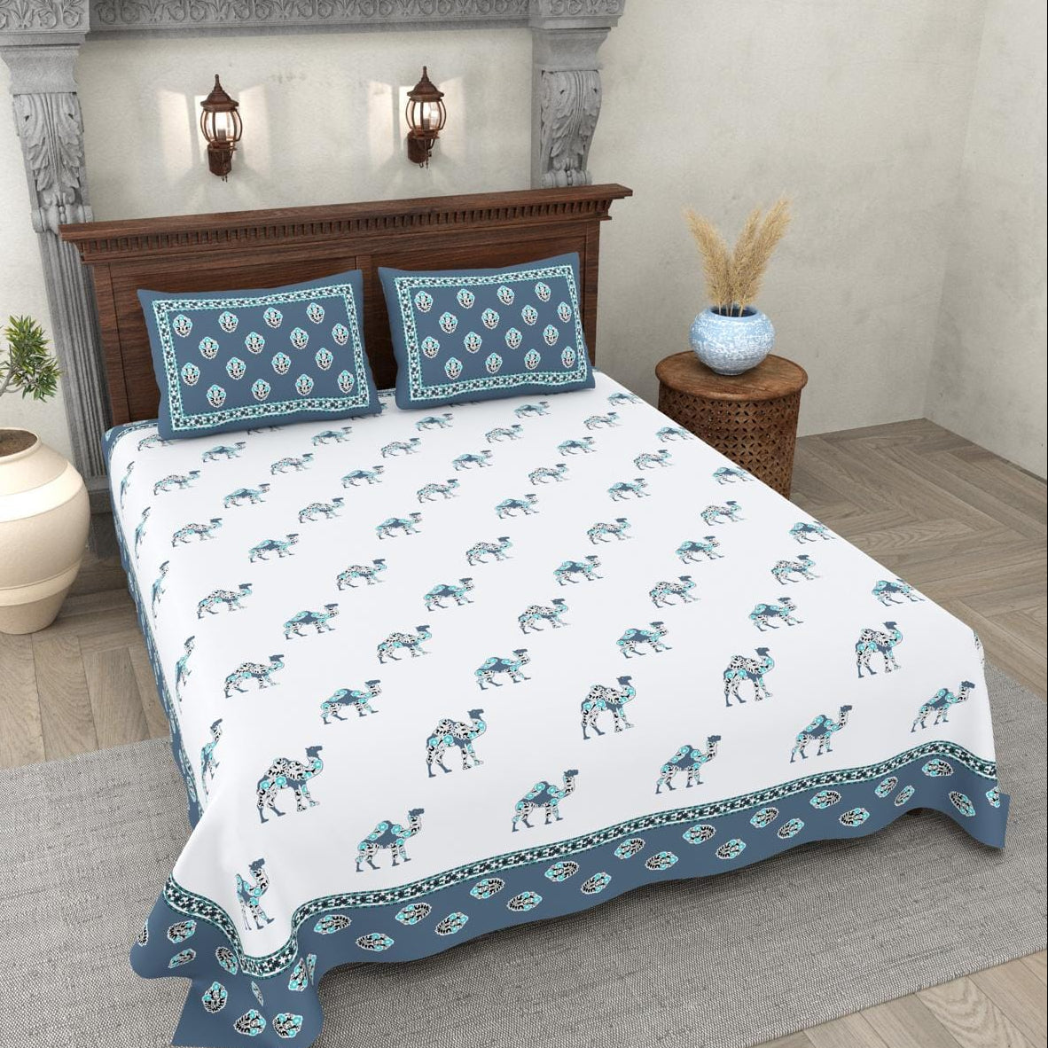 Bed with camel patterned bedding in a bedroom setting