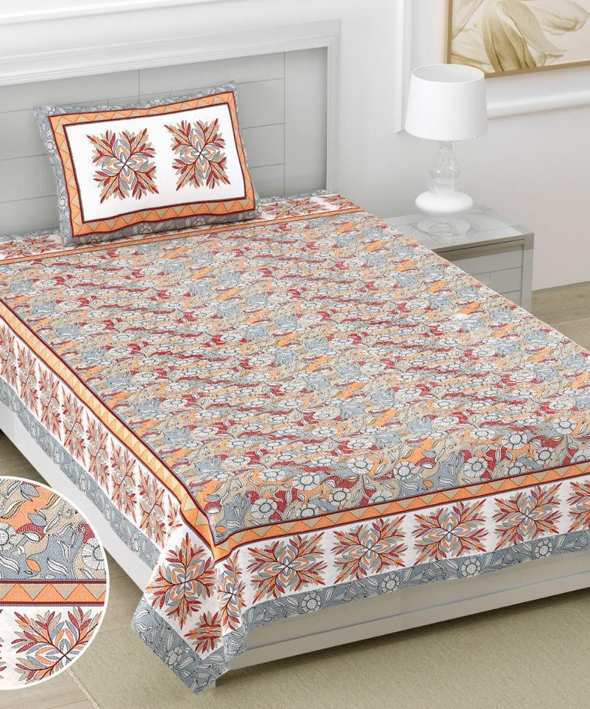Grey & Peach Floral Print Cotton Single Bedsheet