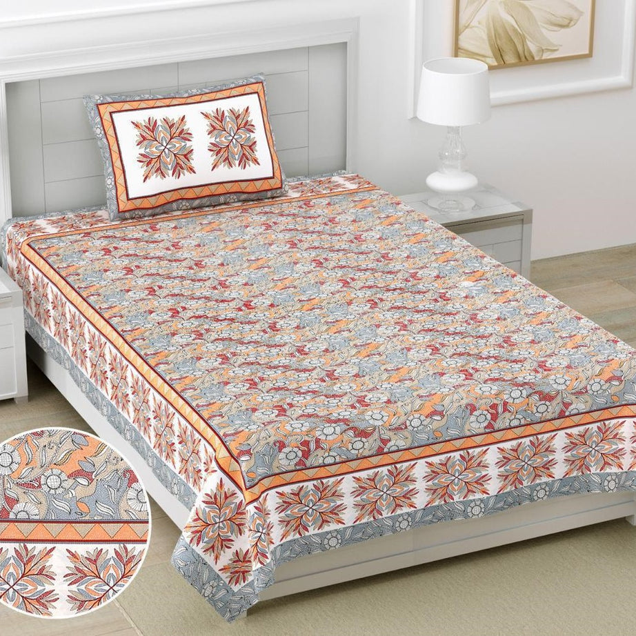 Grey & Peach Floral Print Cotton Single Bedsheet