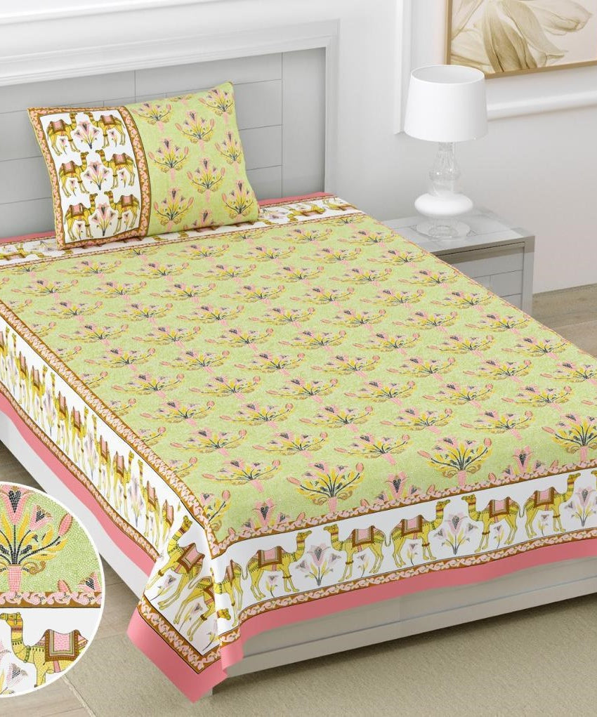 Yellow Floral Camel Print Cotton Single Bedsheet