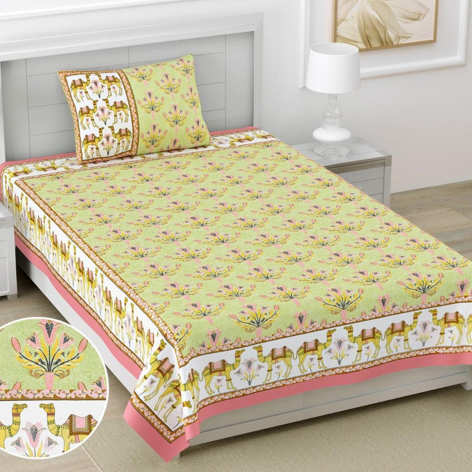 Yellow Floral Camel Print Cotton Single Bedsheet