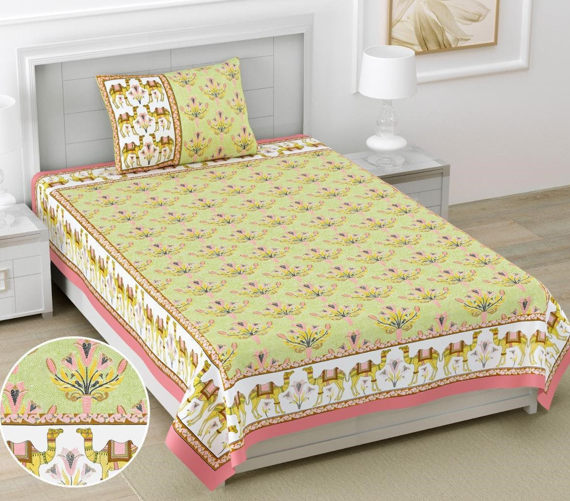 Yellow Floral Camel Print Cotton Single Bedsheet
