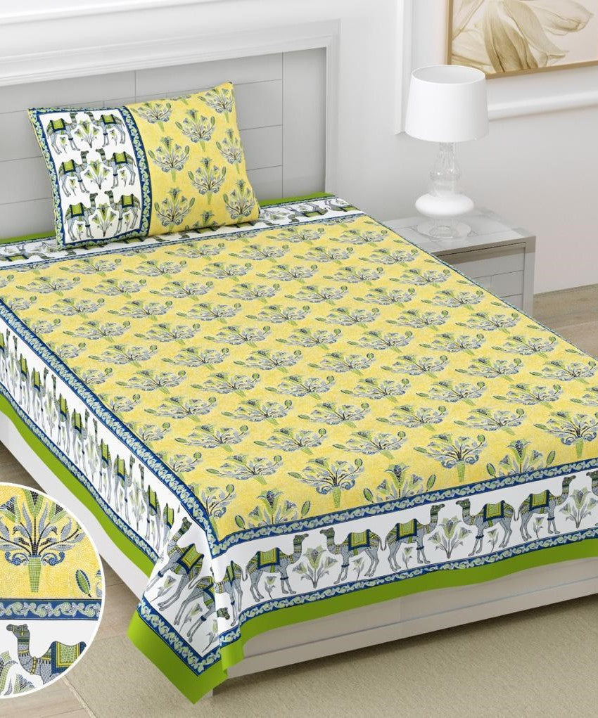 Yellow Floral Camel Print Cotton Single Bedsheet