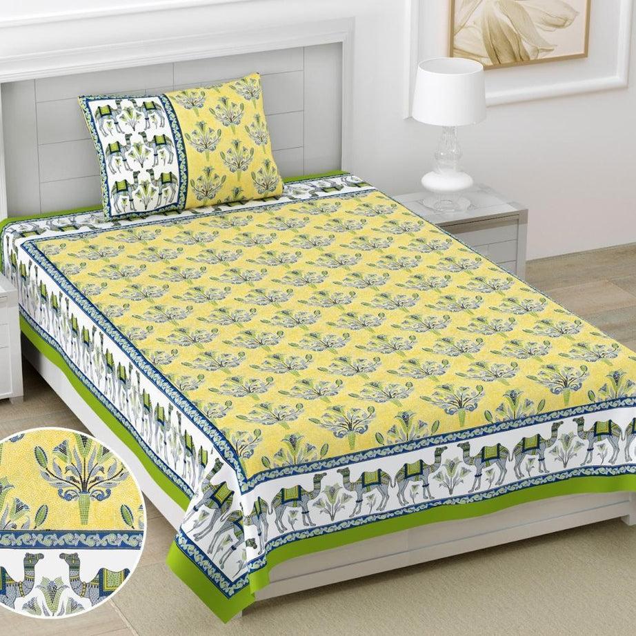 Yellow Floral Camel Print Cotton Single Bedsheet