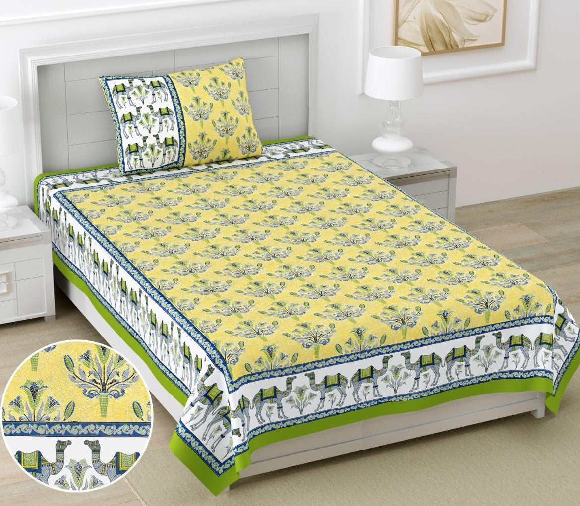 Yellow Floral Camel Print Cotton Single Bedsheet