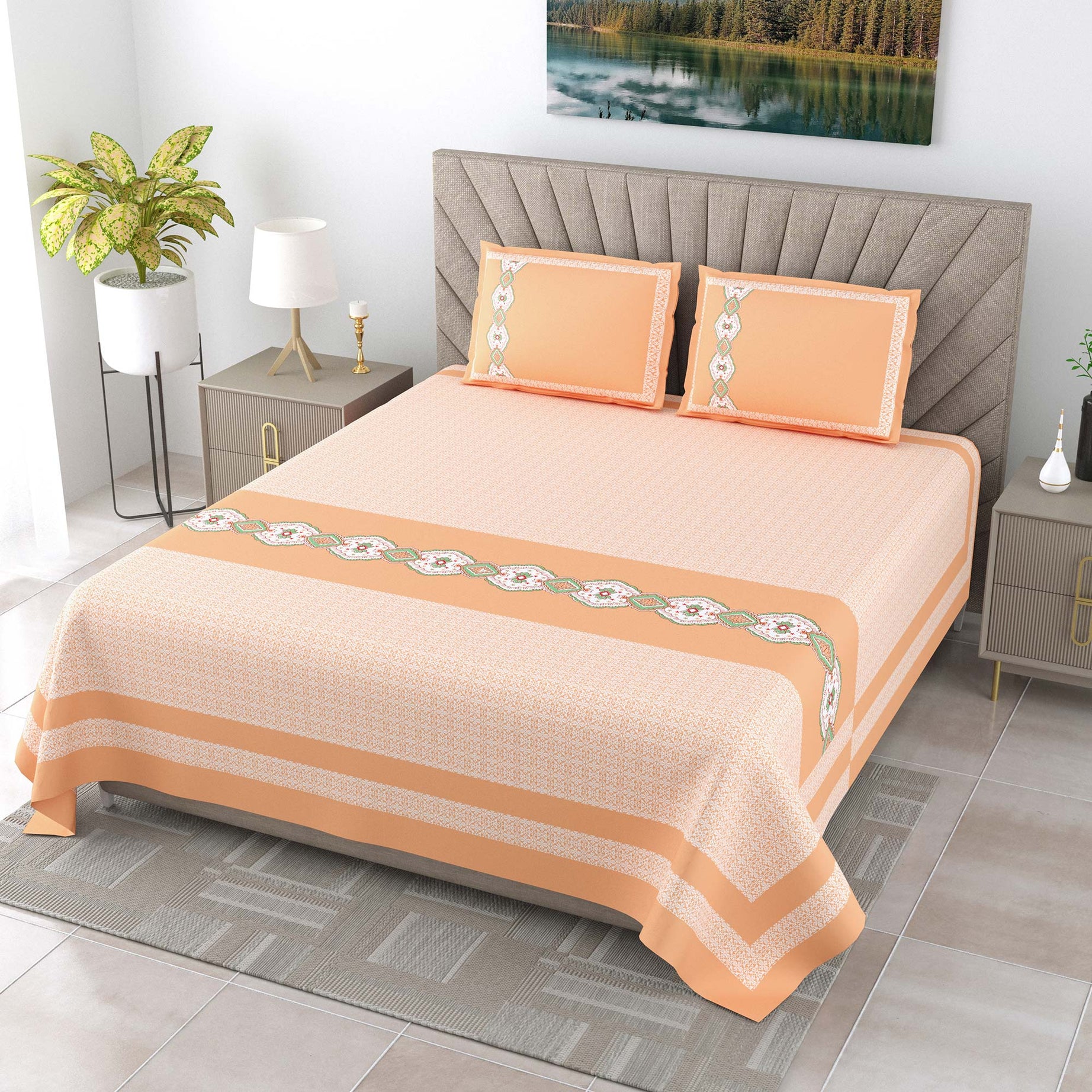 Elegant Peach Floral Border King Size Bedsheet – 100x108 Inch