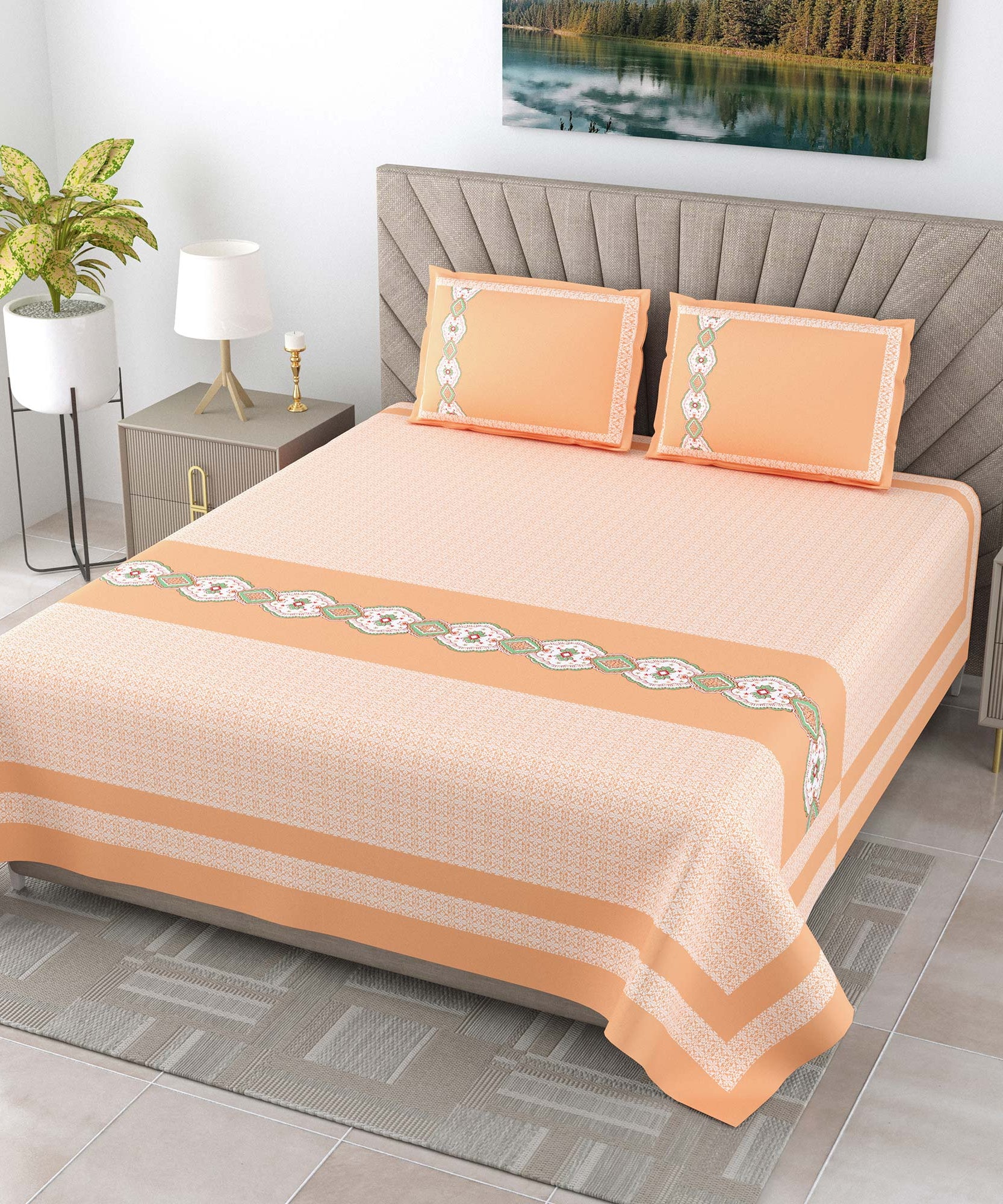 Bed with peach-colored bedding set in a bedroom setting