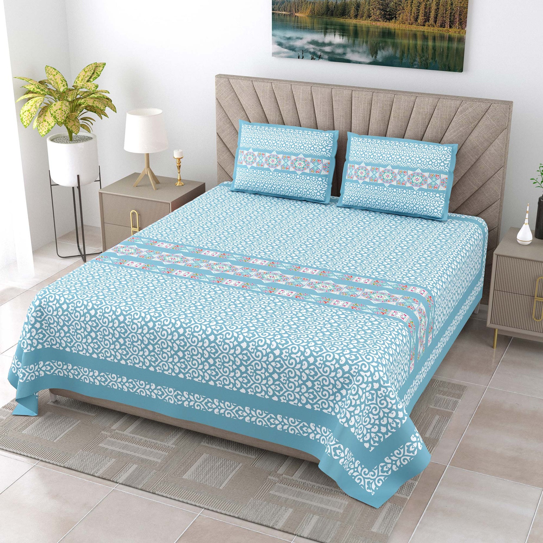 Elegant Sky Blue Printed King Size Bedsheet – 108x108 Inch