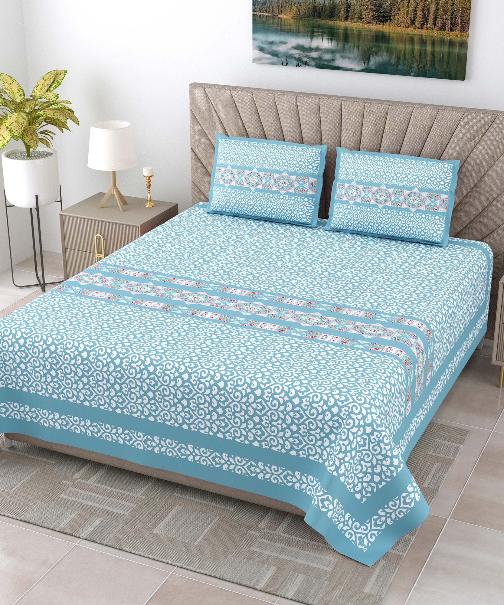 Elegant Sky Blue Printed King Size Bedsheet