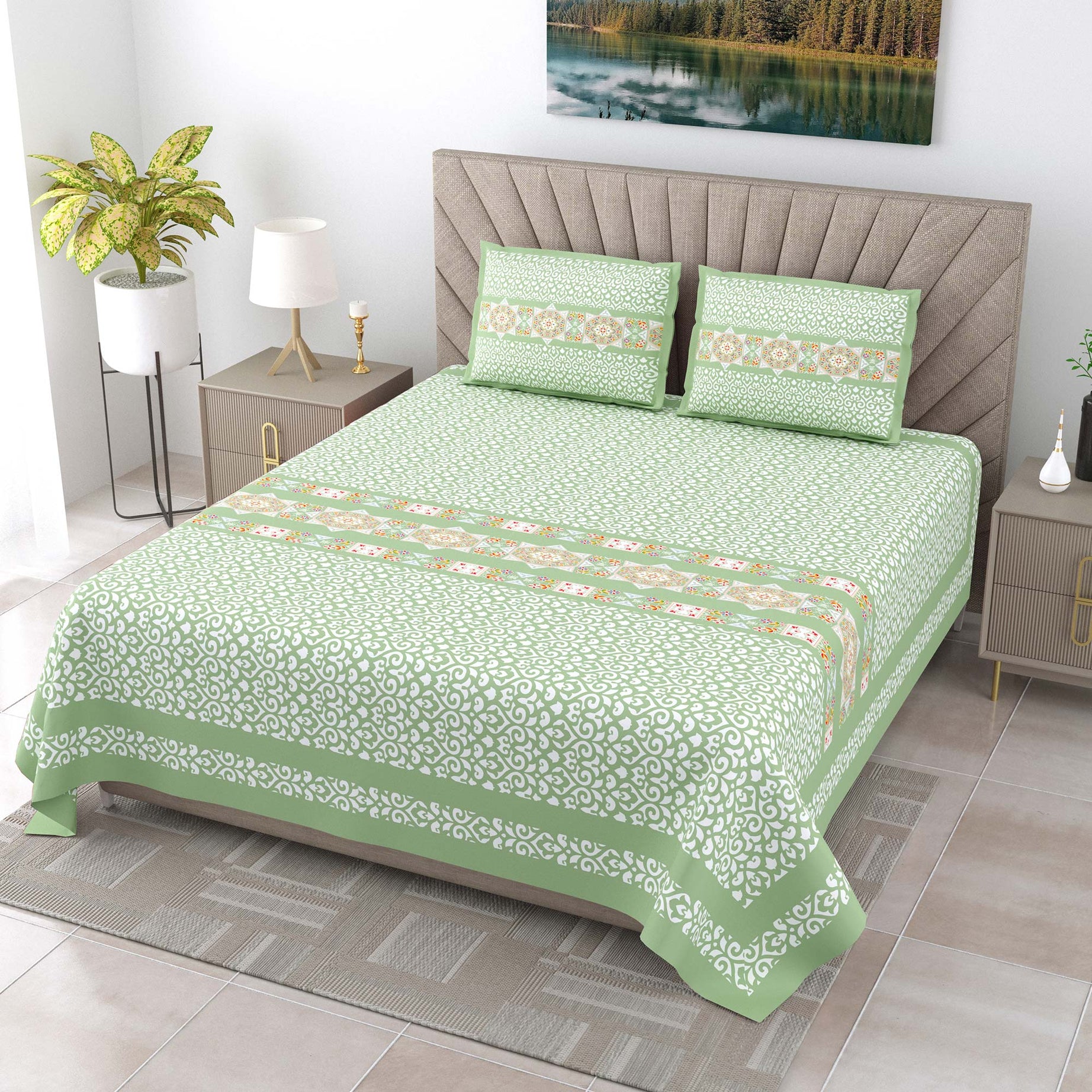 Elegant Mint Green Printed King Size Bedsheet – 108x108 Inch