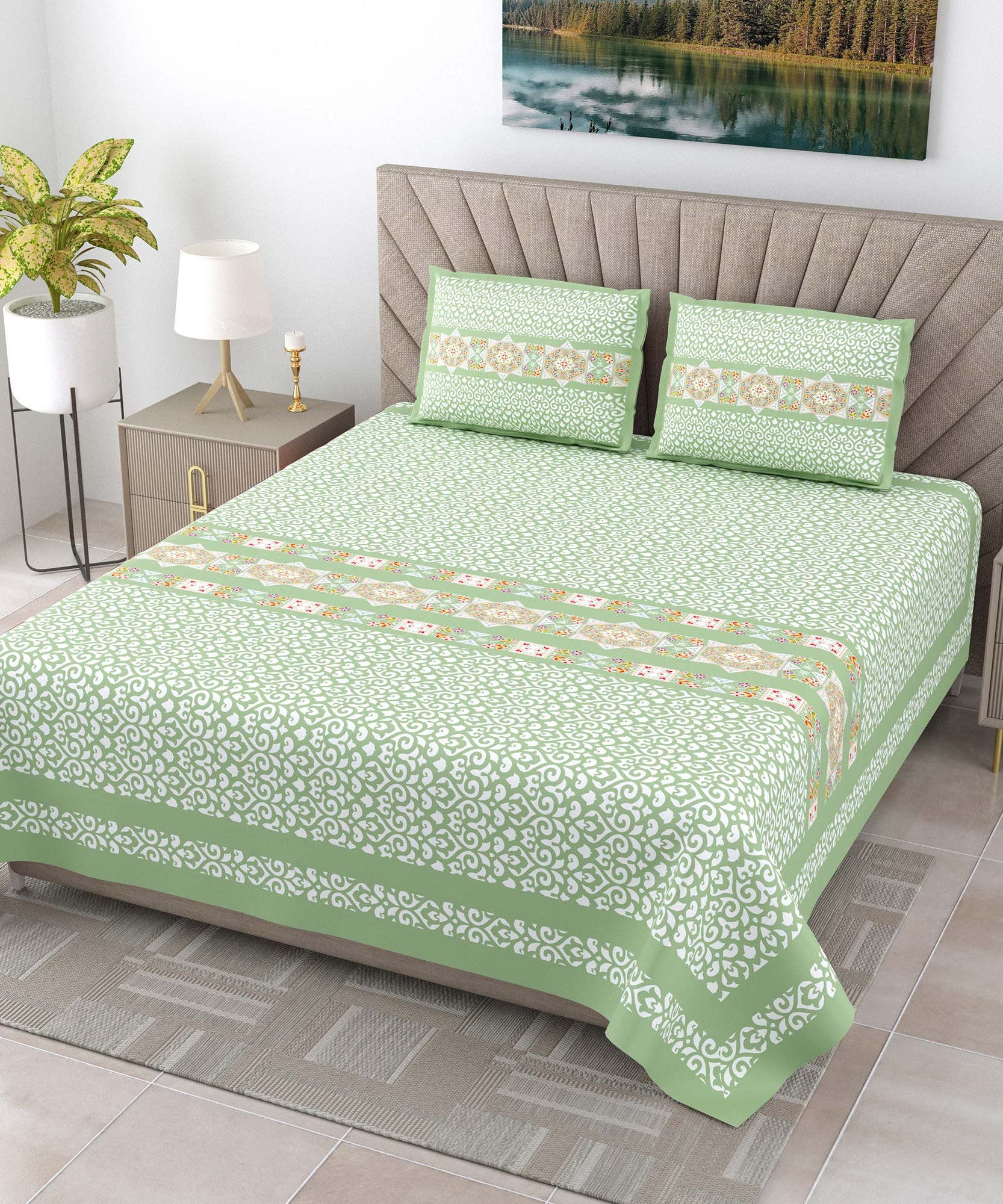 Elegant Mint Green Printed King Size Bedsheet