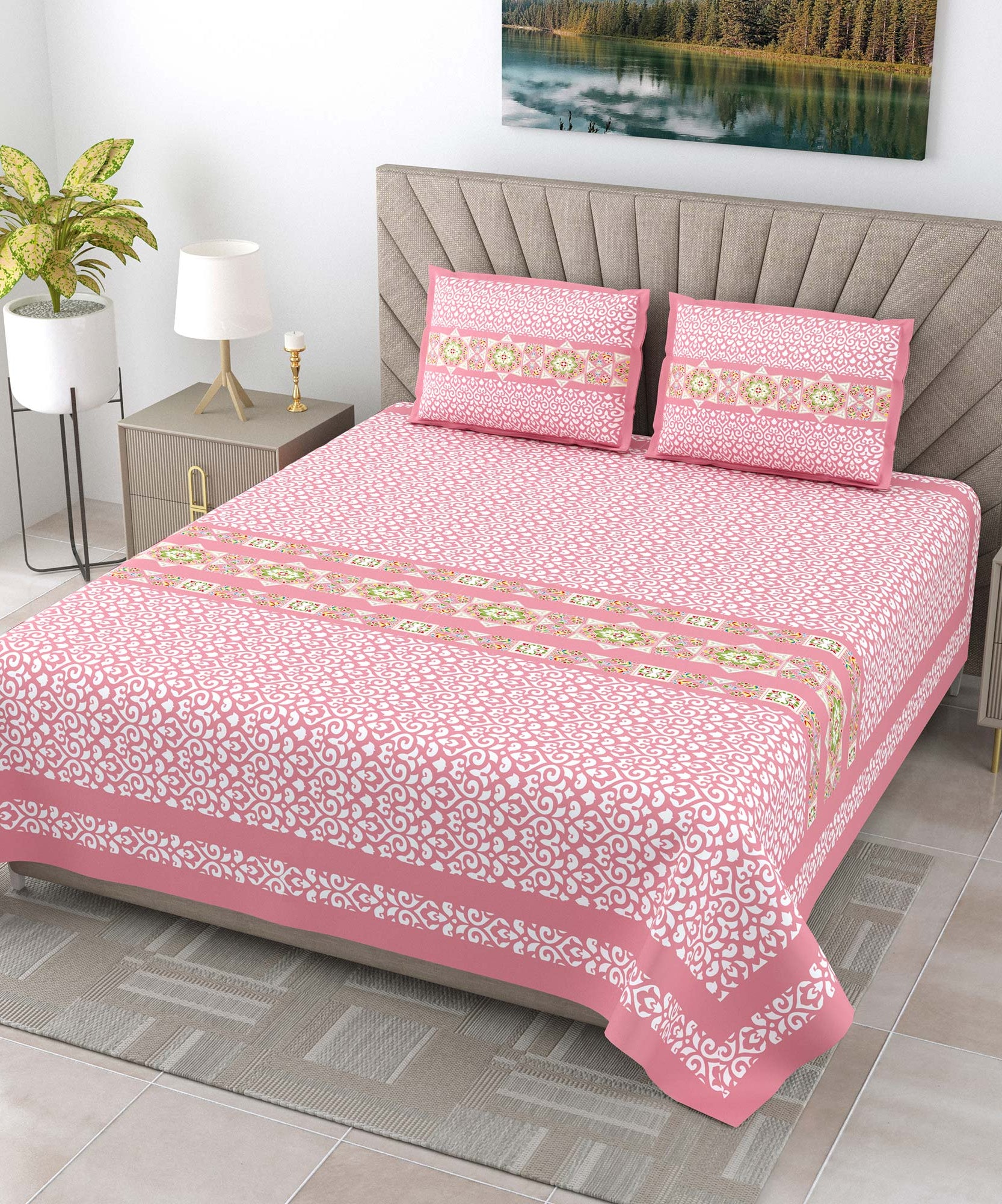 Elegant Pink Printed King Size Bedsheet