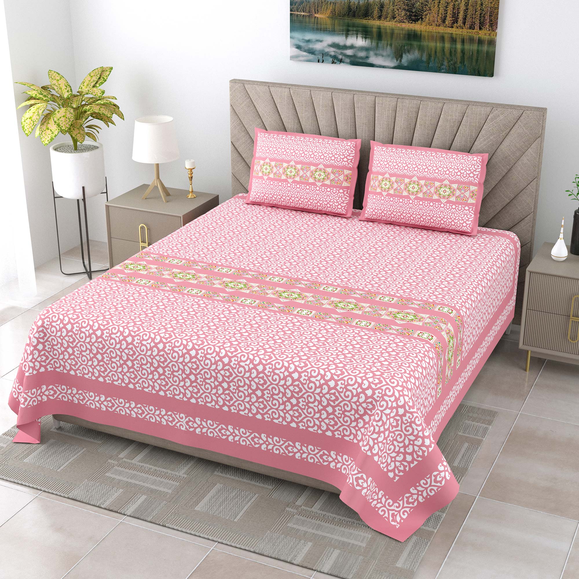 Elegant Pink Printed King Size Bedsheet – 108x108 Inch