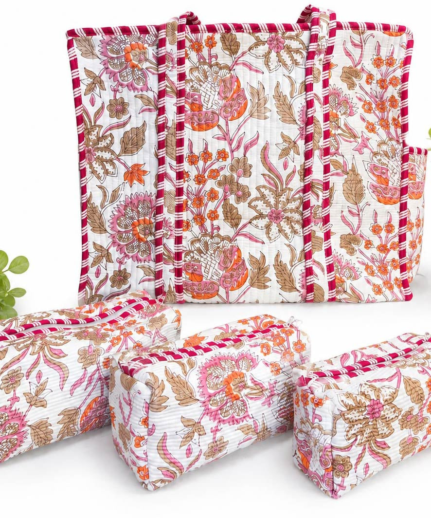 Floral Hand Block Print Quilted Tote Bag Combo with 3 Toiletry Pouches