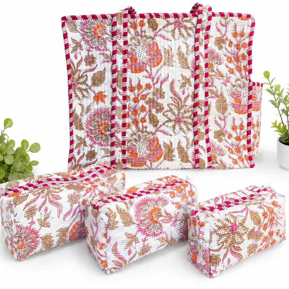 Floral Hand Block Print Quilted Tote Bag Combo with 3 Toiletry Pouches