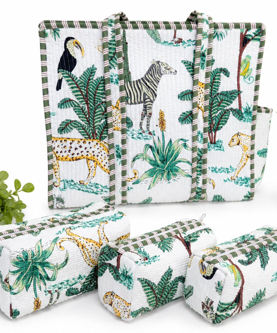 Jungle Safari Hand Block Print Quilted Tote Bag Combo with 3 Toiletry Pouches