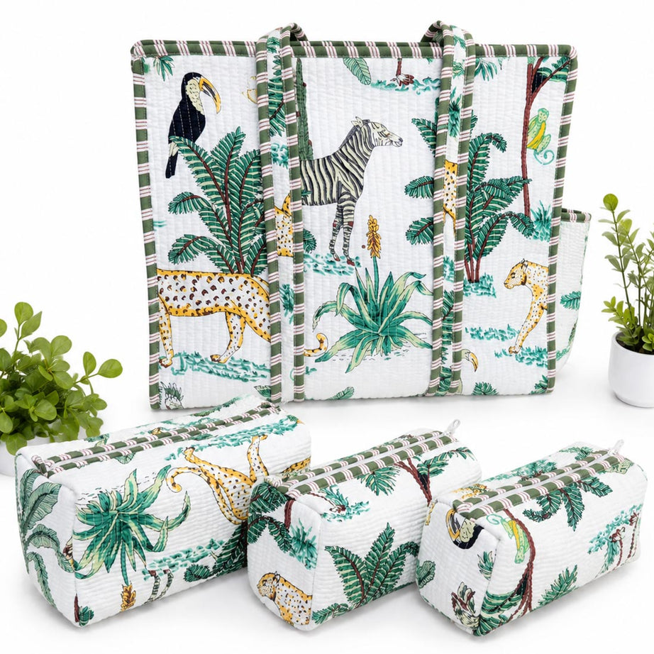 Jungle Safari Hand Block Print Quilted Tote Bag Combo with 3 Toiletry Pouches