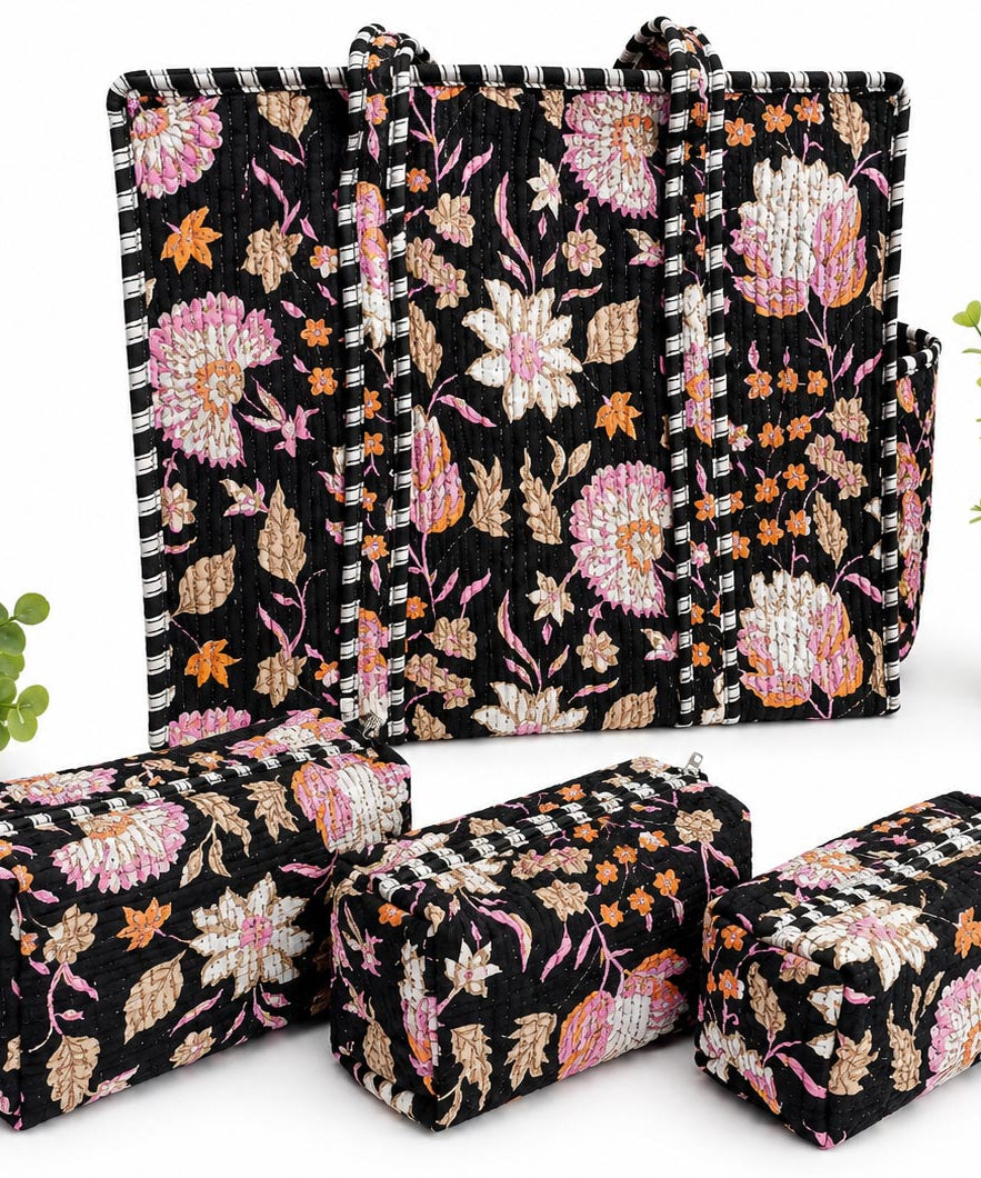 Set of floral-patterned bags and boxes on a white background