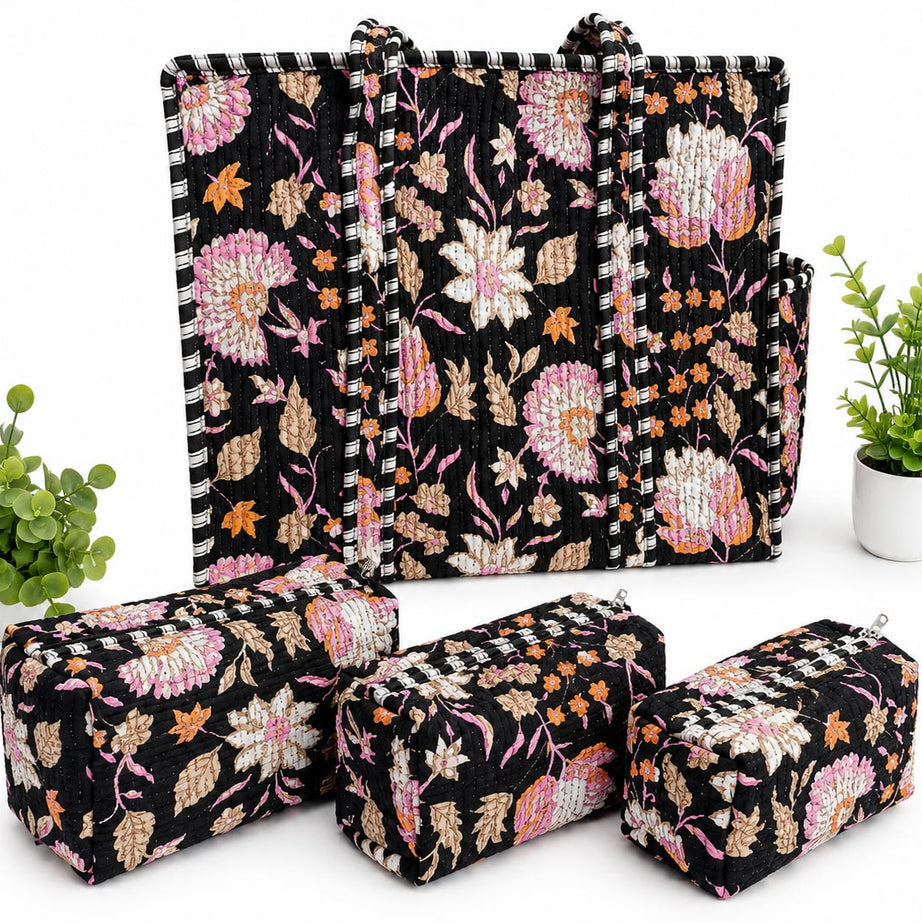 Midnight Floral Hand Block Print Quilted Tote Bag Combo with 3 Toiletry Pouches