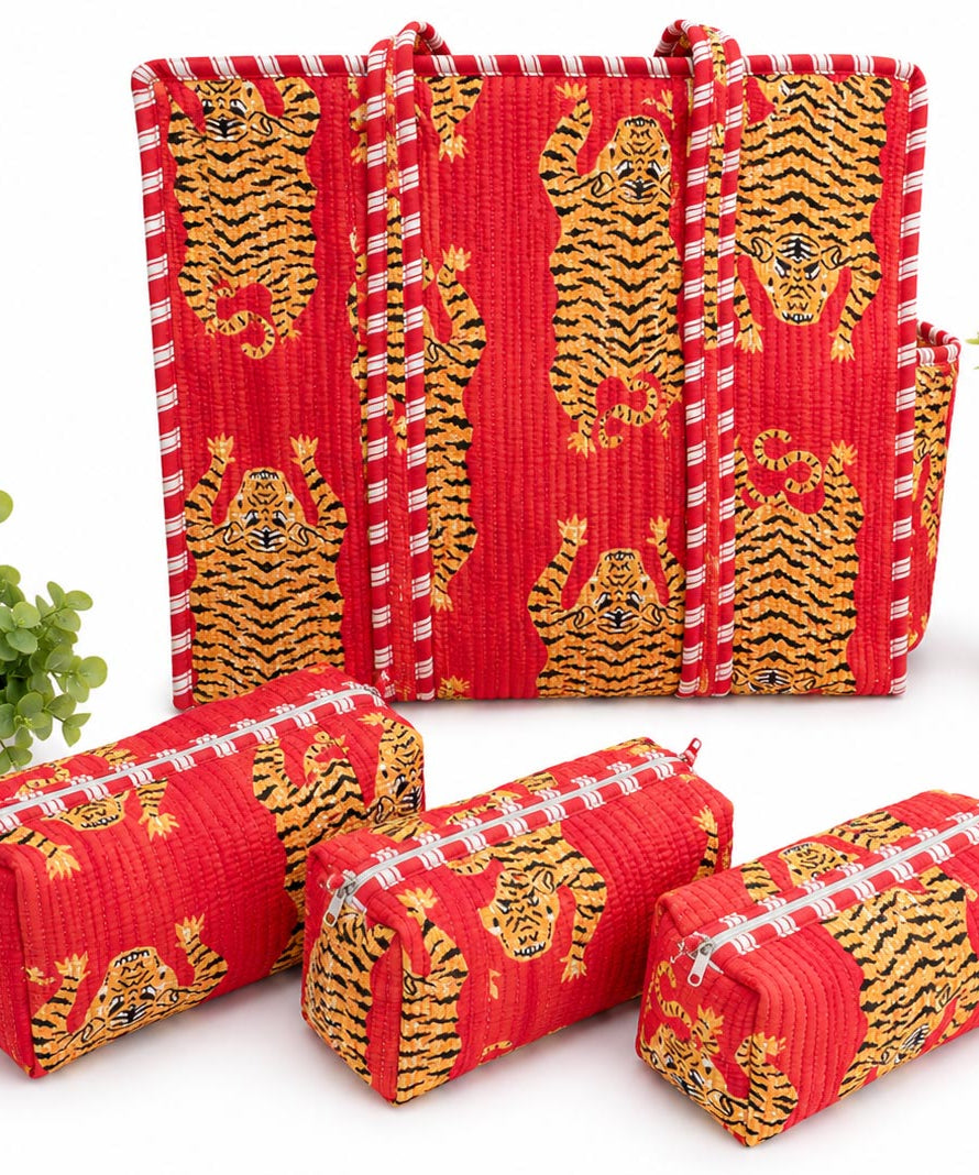 Royal Tiger Hand Block Print Quilted Tote Bag Combo with 3 Toiletry Pouches