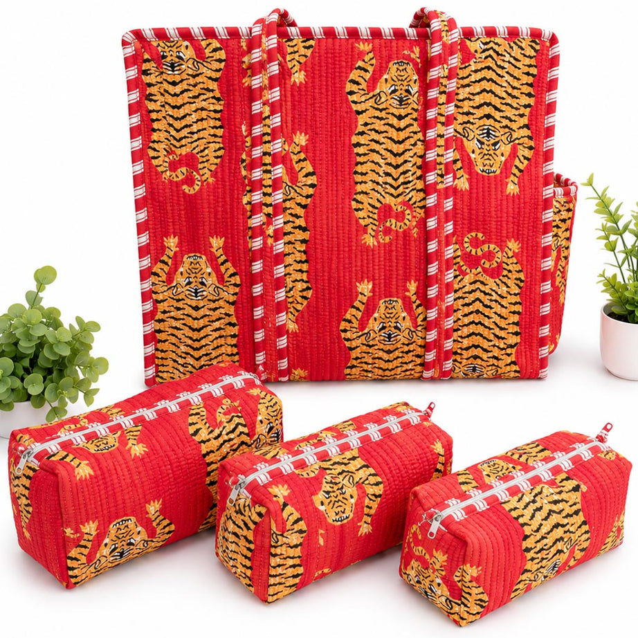 Royal Tiger Hand Block Print Quilted Tote Bag Combo with 3 Toiletry Pouches