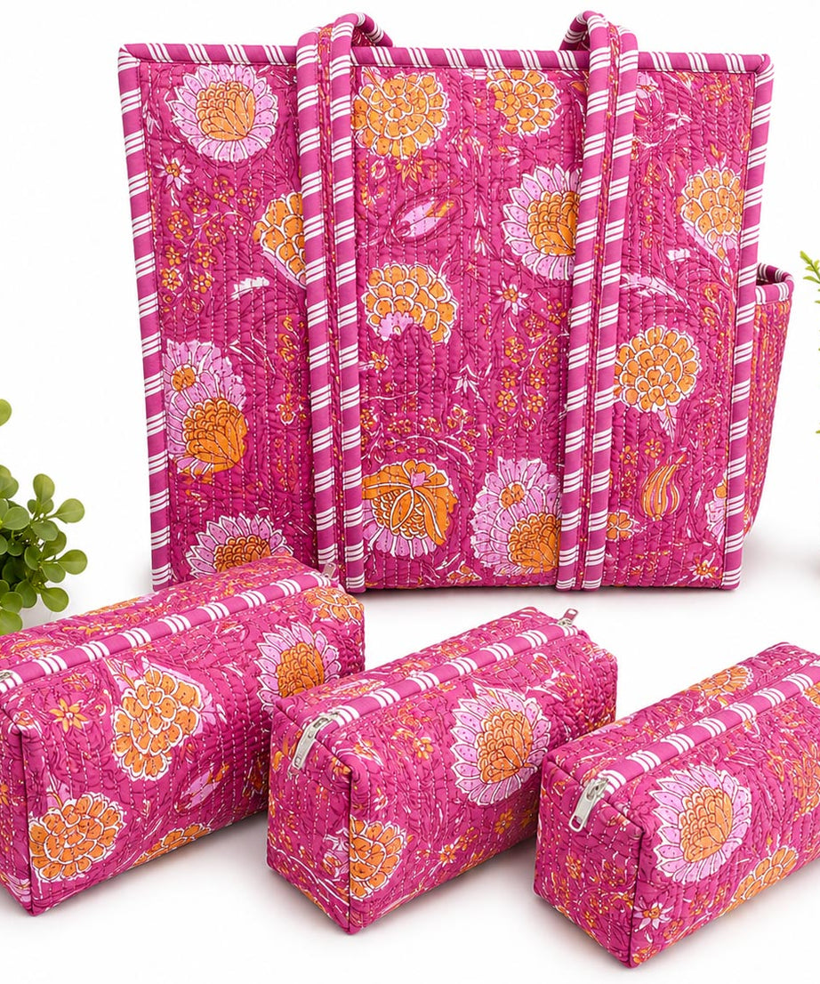 Pink Blossom Hand Block Print Quilted Tote Bag Combo with 3 Toiletry Pouches