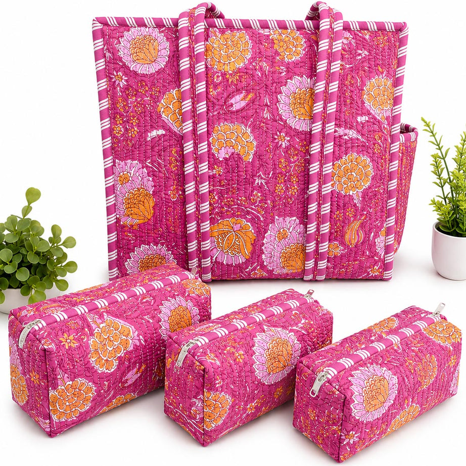 Pink Blossom Hand Block Print Quilted Tote Bag Combo with 3 Toiletry Pouches
