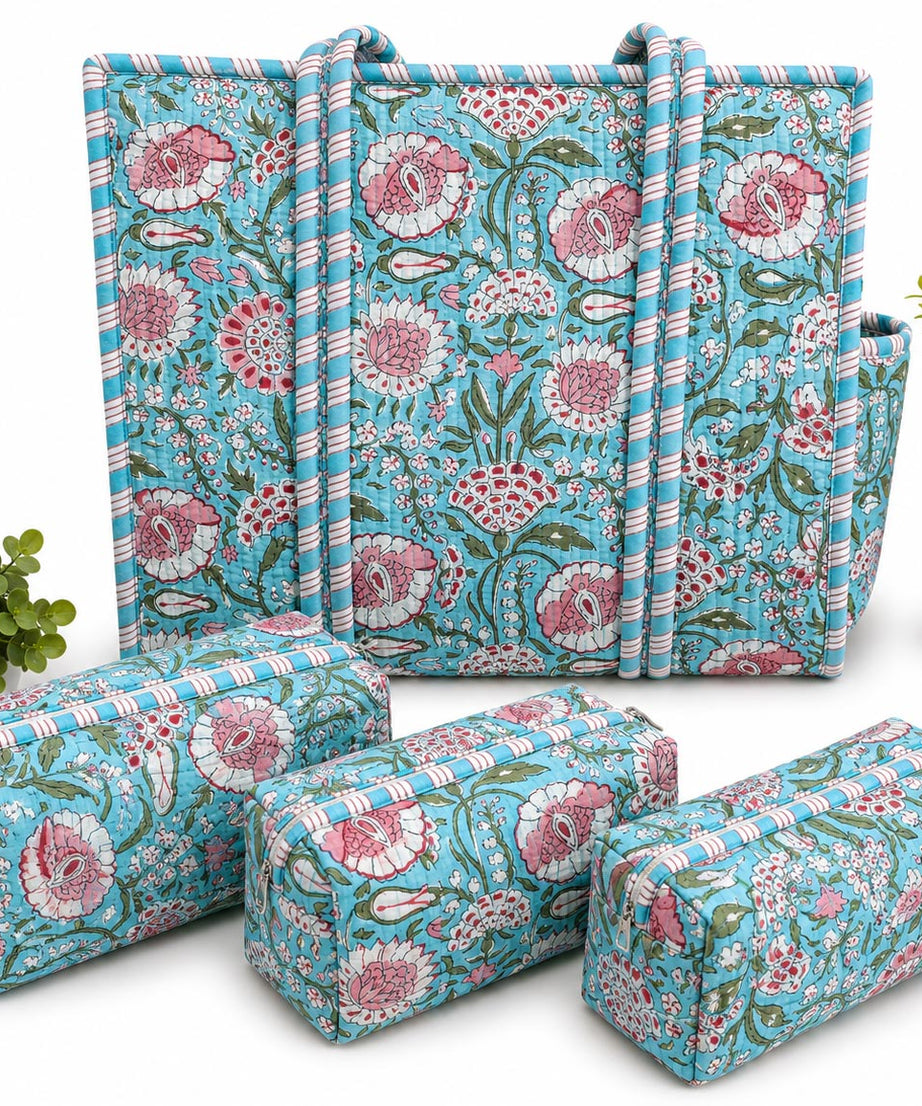 Set of floral-patterned bags and boxes on a white background with plants.