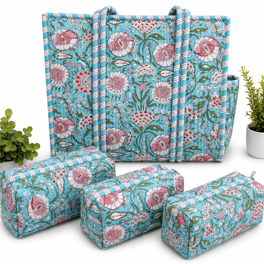 Sky Bloom Hand Block Print Quilted Tote Bag Combo with 3 Toiletry Pouches