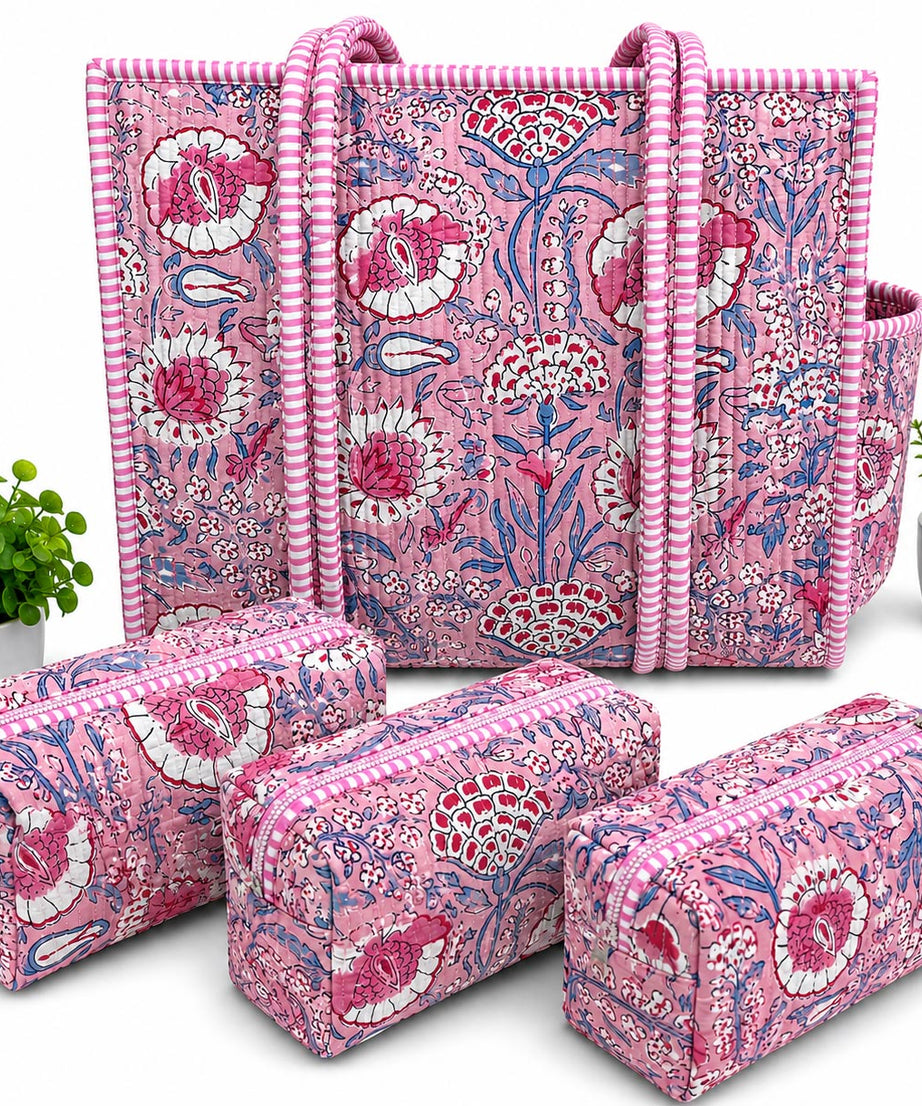 Blush Garden Hand Block Print Quilted Tote Bag Combo with 3 Toiletry Pouches