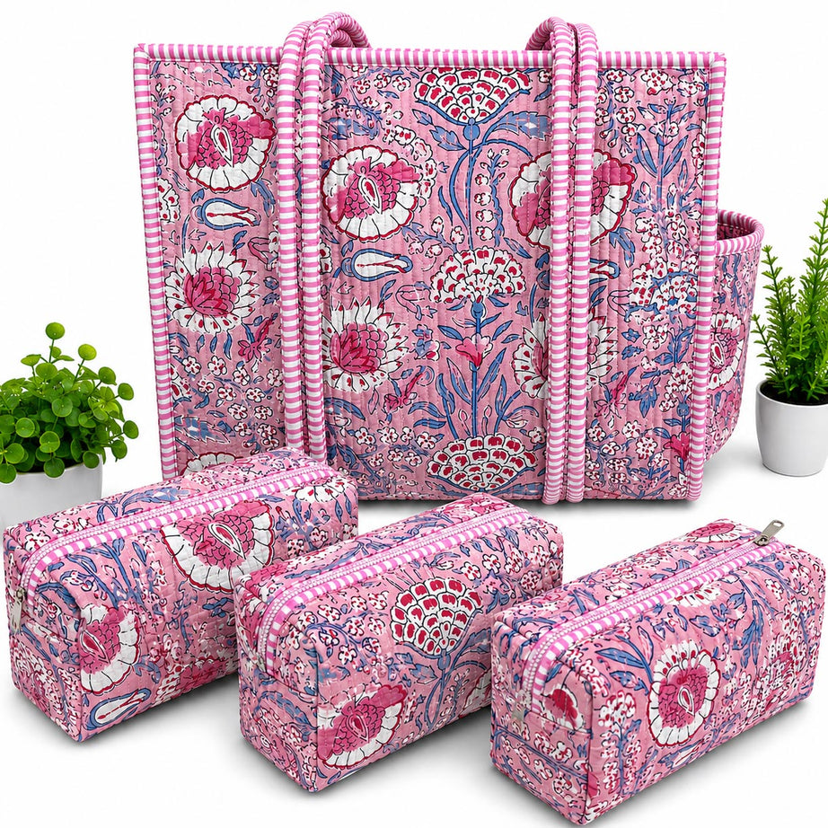 Blush Garden Hand Block Print Quilted Tote Bag Combo with 3 Toiletry Pouches