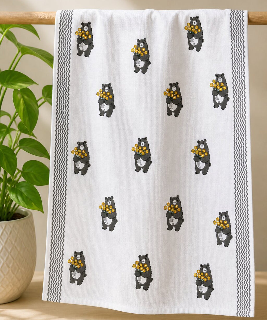 Towel – Bear Floral Cotton - White & Grey Design