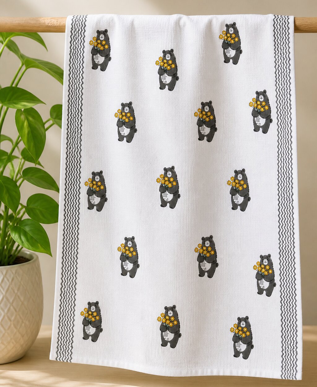 Towel – Bear Floral Cotton - White & Grey Design