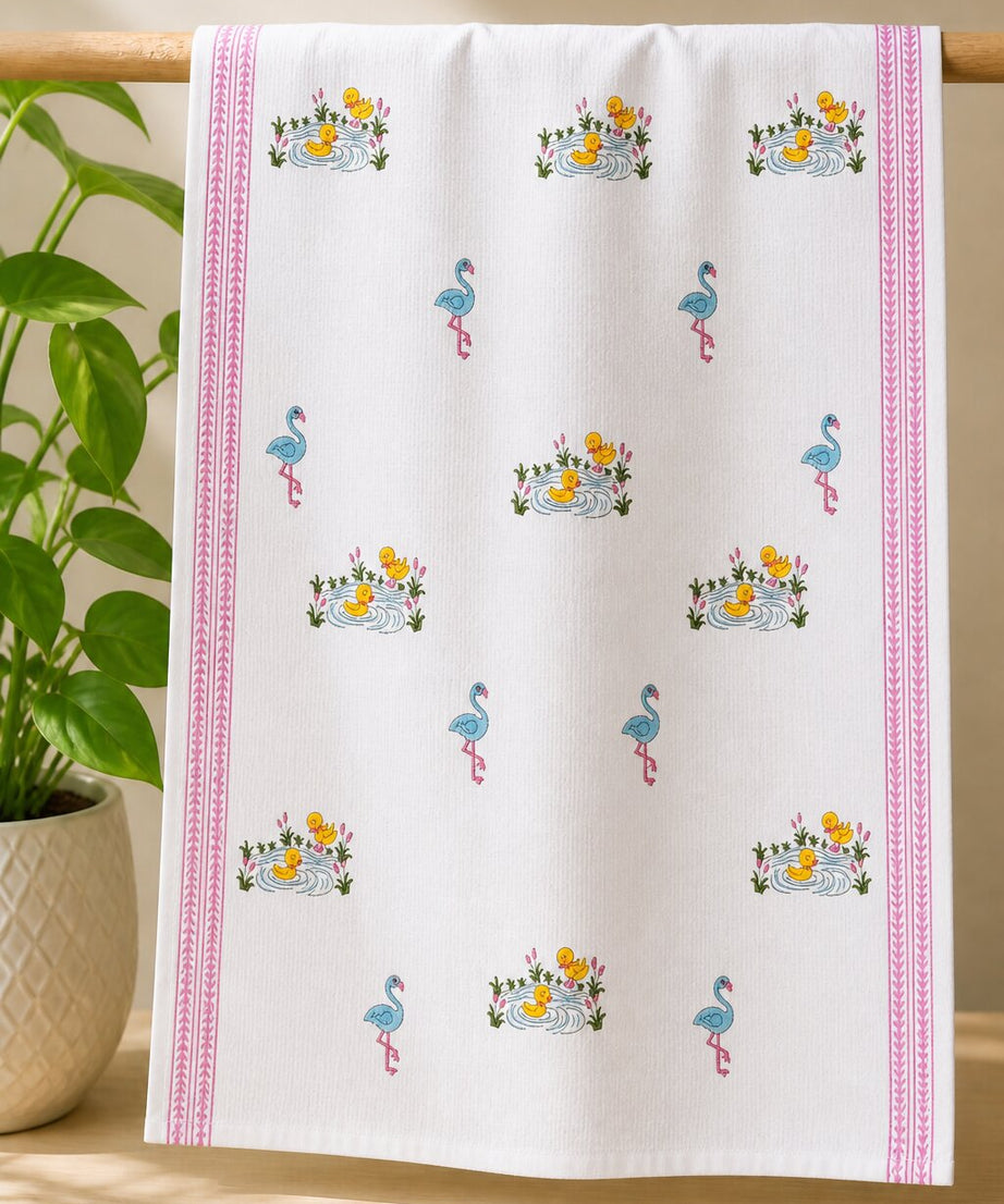 Towel – Flamingo & Duck Print - White Cotton Design
