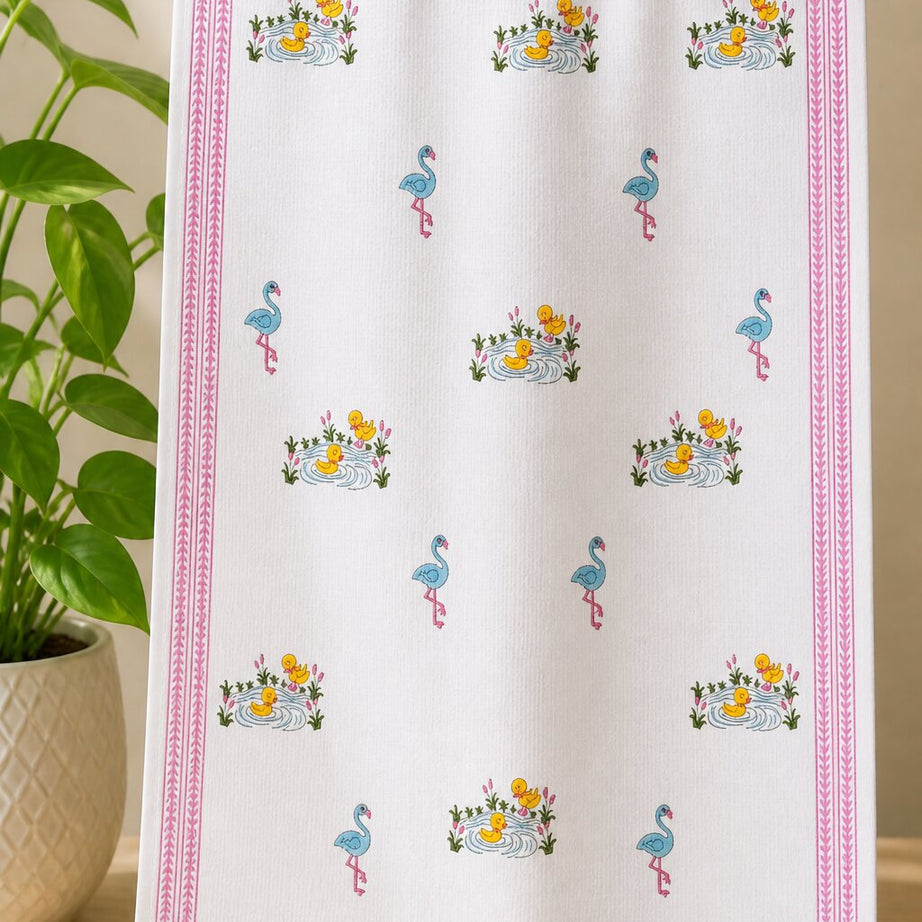 Towel – Flamingo & Duck Print - White Cotton Design