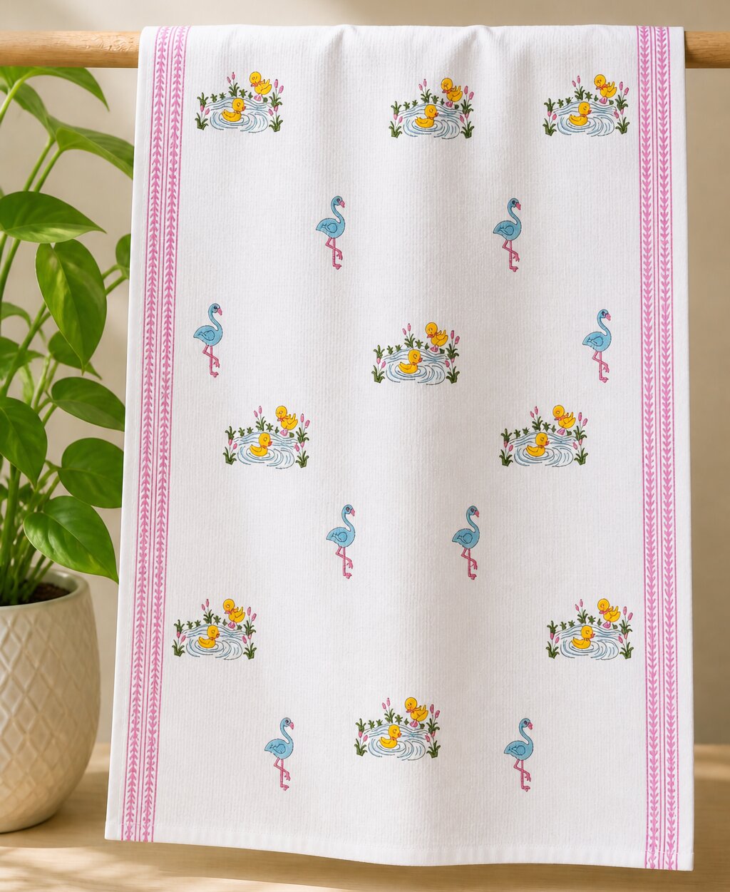 Towel – Flamingo & Duck Print - White Cotton Design