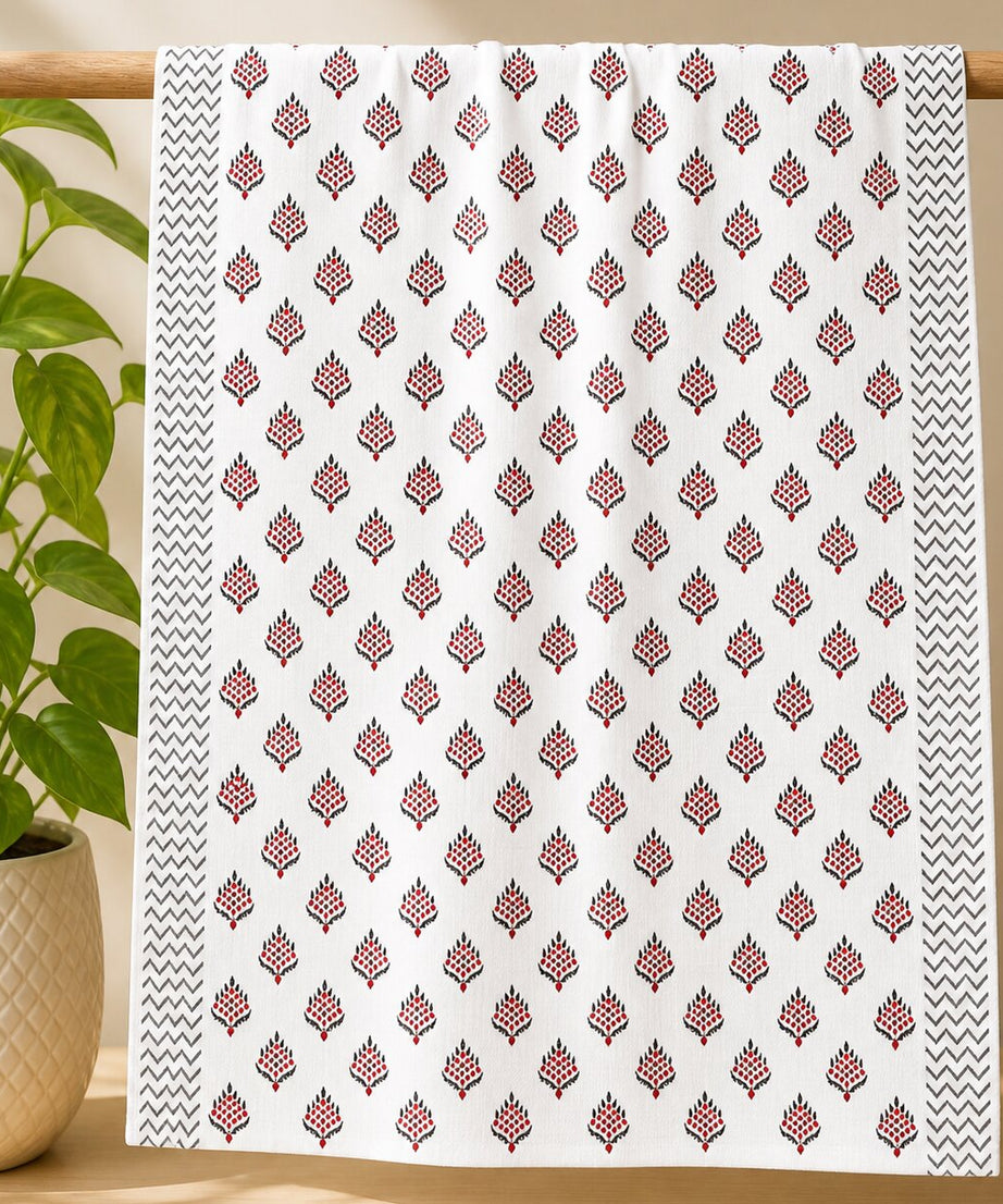 Towel – Red Buta Print, White Cotton Design