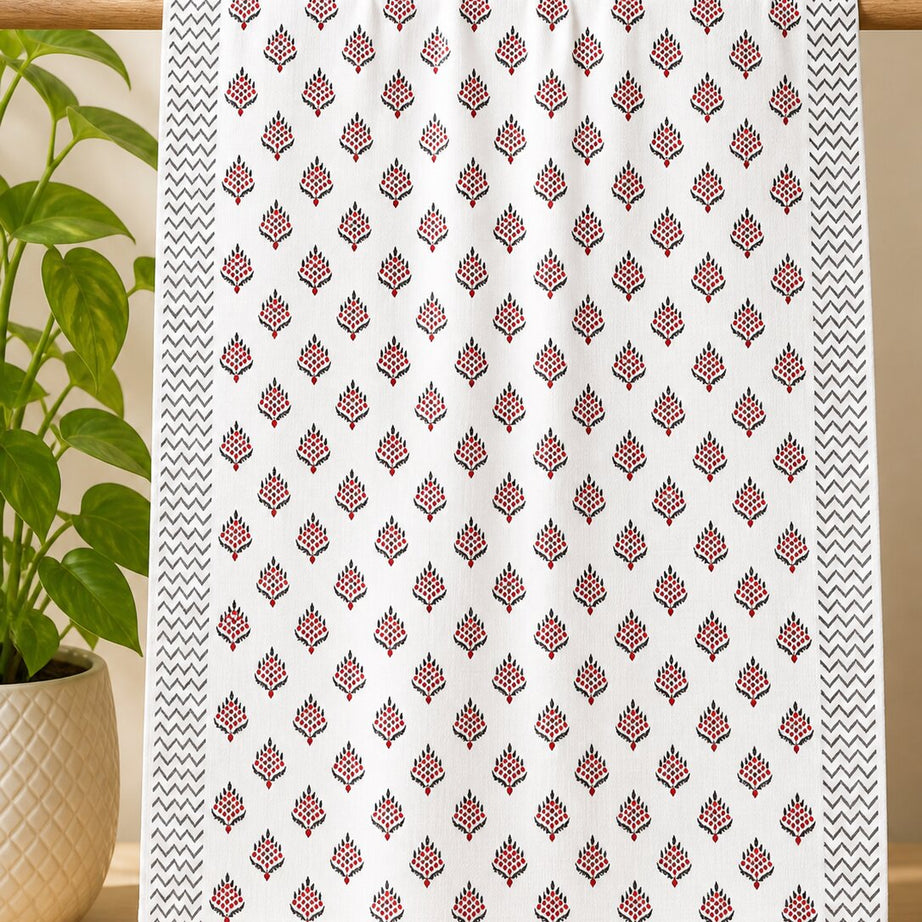 Towel – Red Buta Print, White Cotton Design