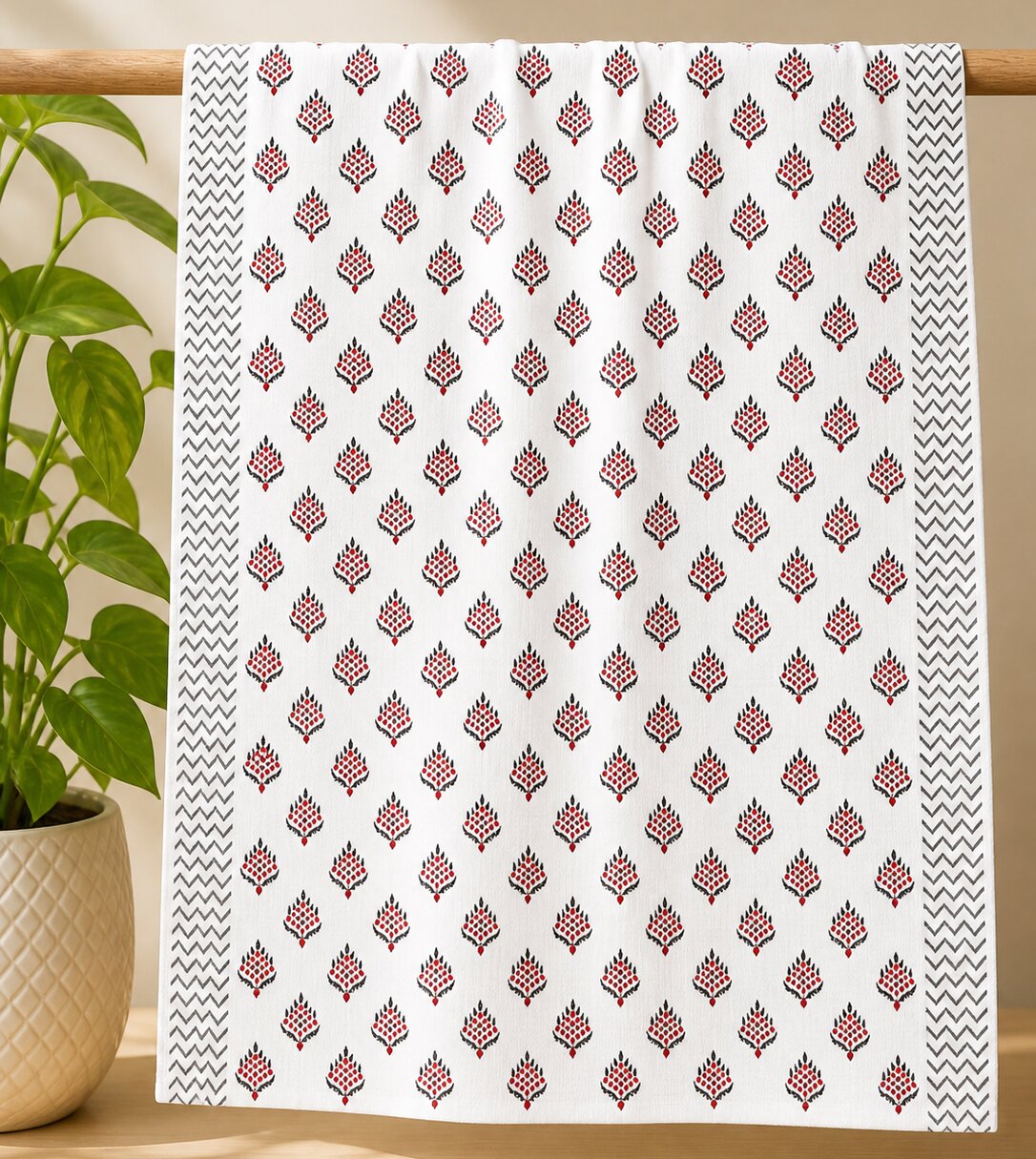 Towel – Red Buta Print, White Cotton Design