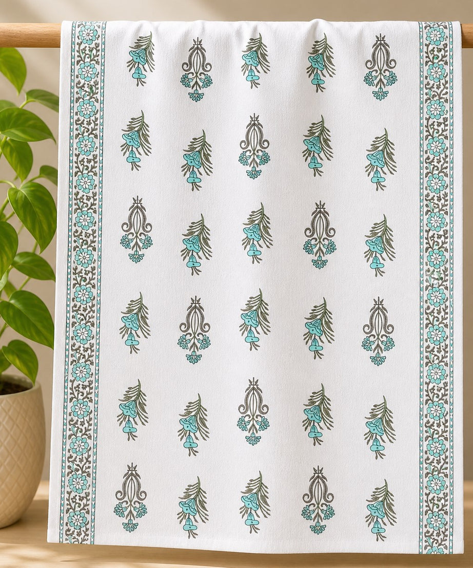 Towel – Aqua Floral Print-White Cotton Design
