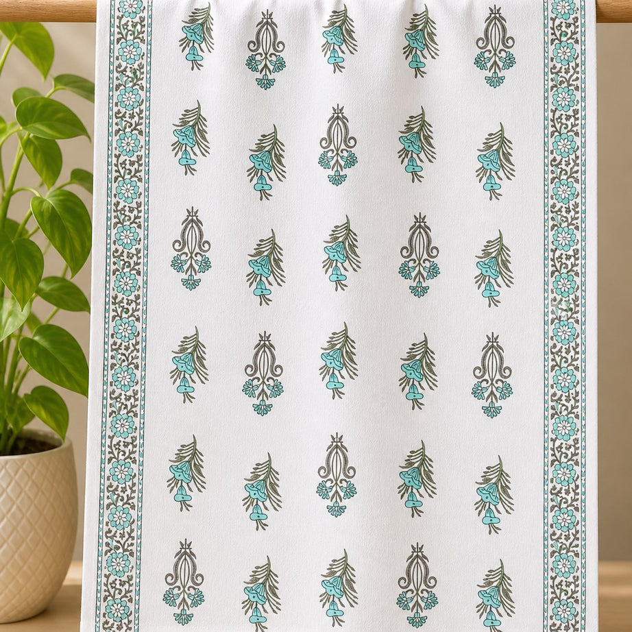 Towel – Aqua Floral Print-White Cotton Design