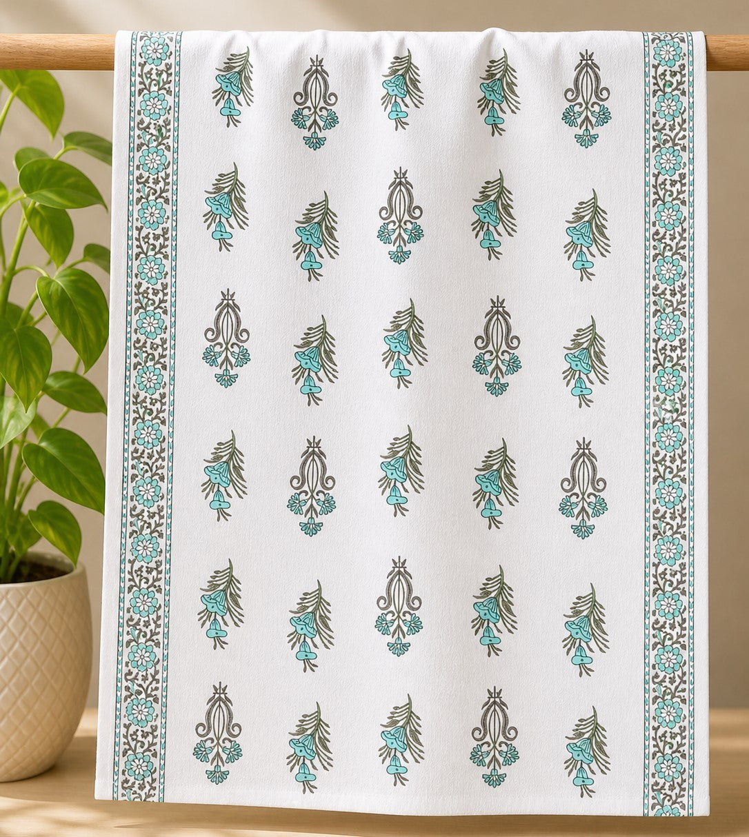 Towel – Aqua Floral Print-White Cotton Design